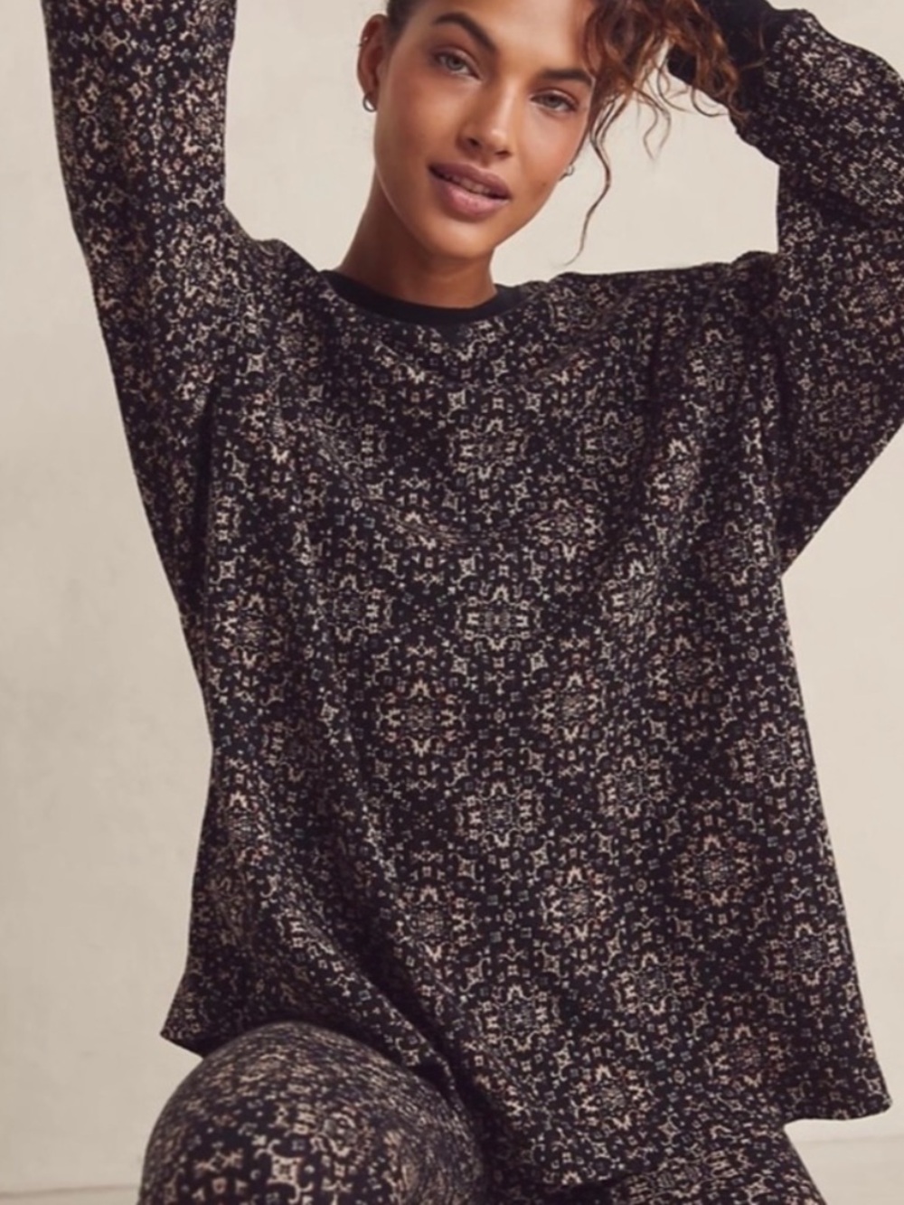 Intimately Free People Early Night Printed Cotton Thermal Top Black Size Small